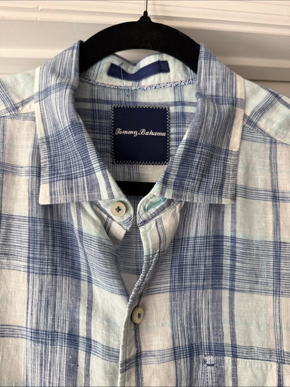Tommy Bahama Linen Large Light Blue and White Plaid Linen Button-Down Shirt